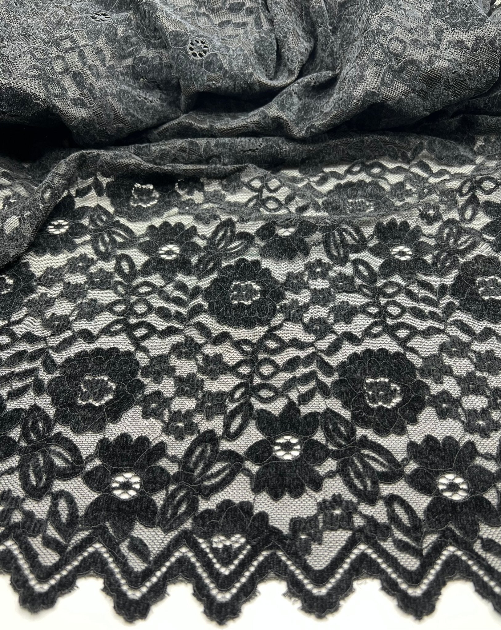 Black Embossed Textured Scalloped Edge Floral Lace Fabric Stretch - T9 Fabrics